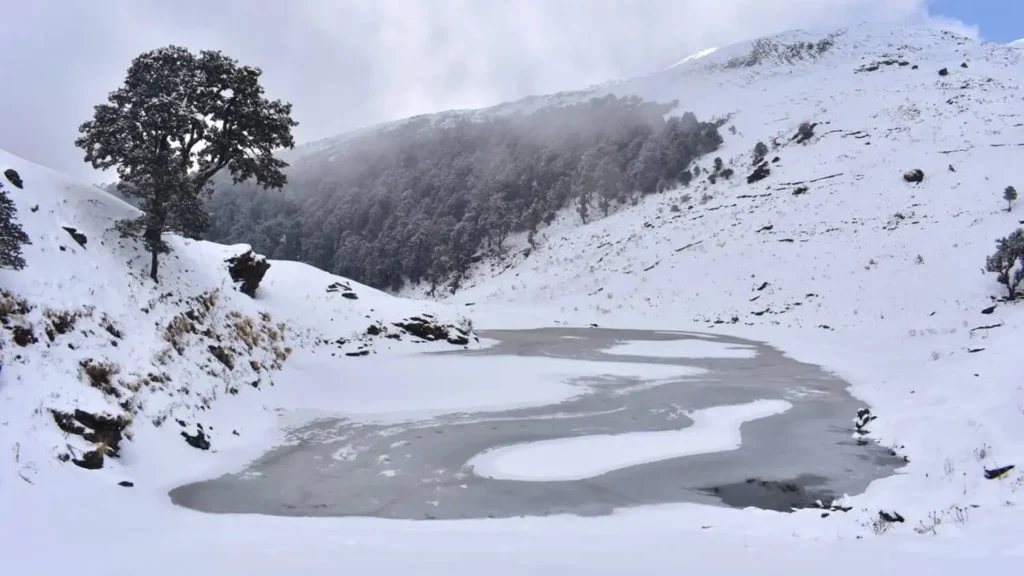 Completely frozen high altitude lake of Brahmatal in Uttarakhand.