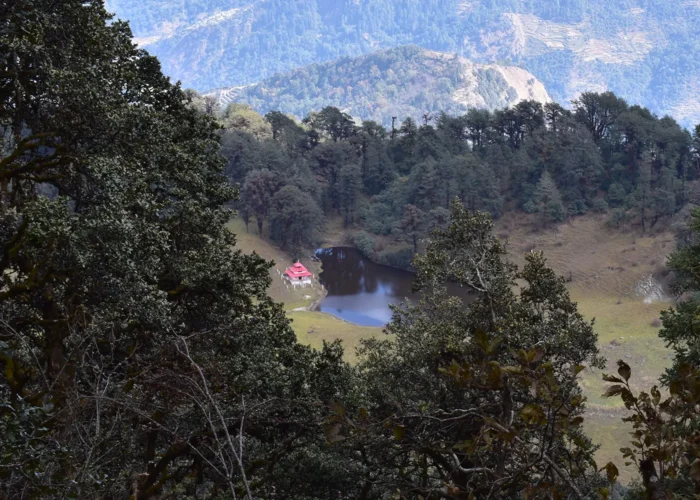 A bird eye view of Barnala Lake and a temple revered by locals. Locals hike to the lake to offer prayers at the temple.