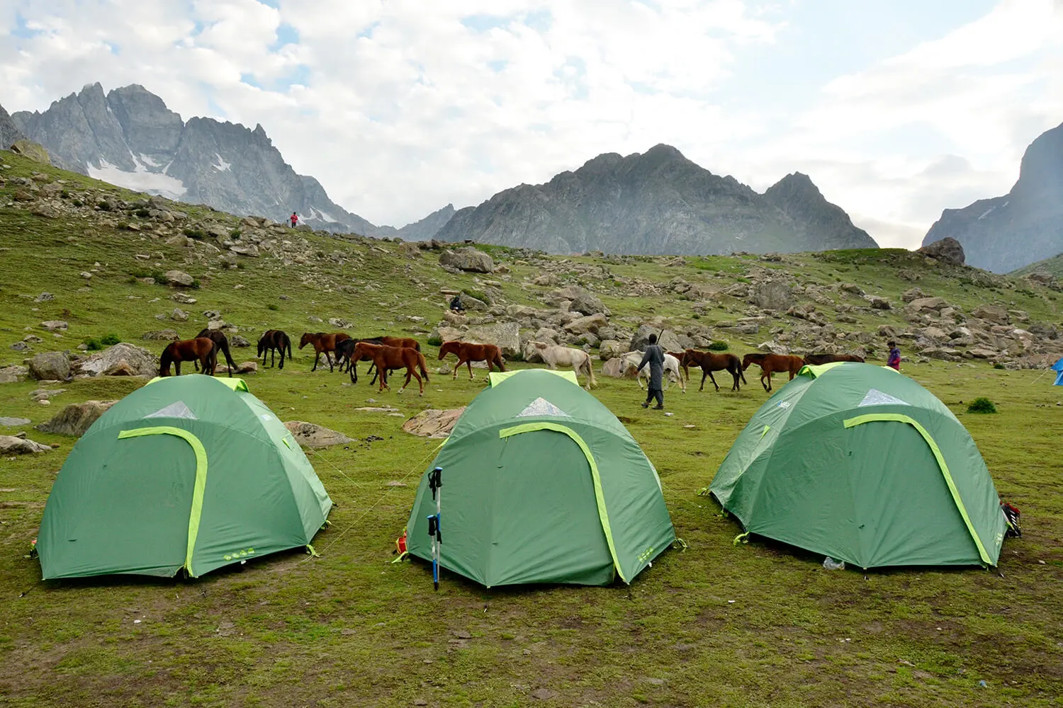 A campsite nestled beneath the majestic gaze of the Himalayas.