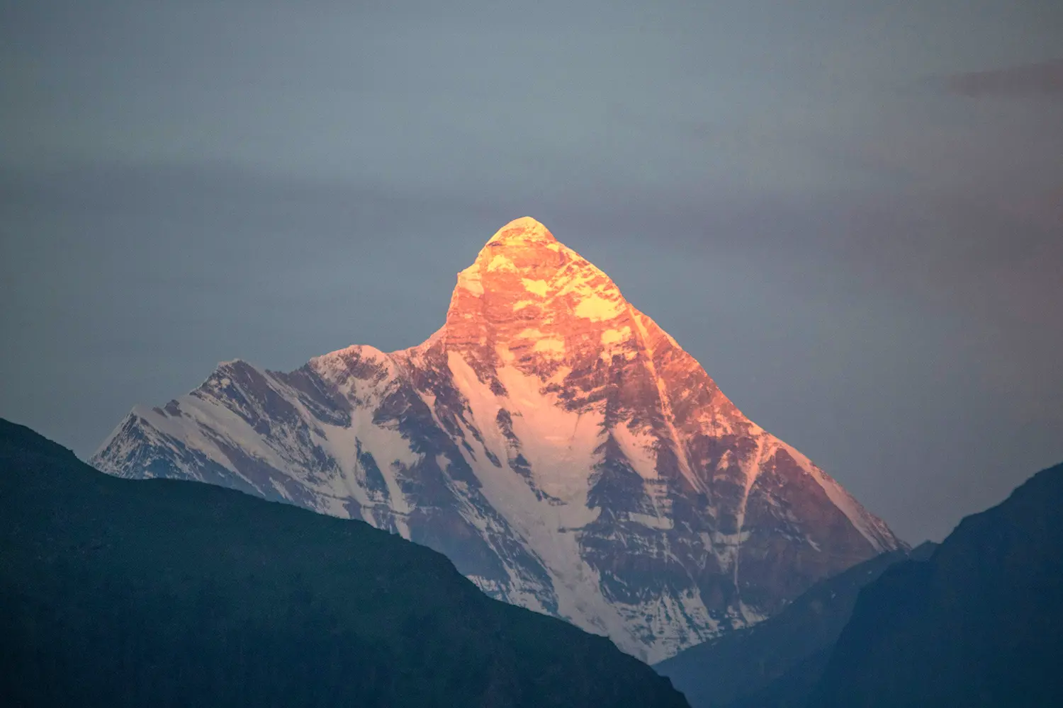 Captivating alpine glow on Mt. Nanda Devi as seen from the Nanda Devi Base Camp trek.