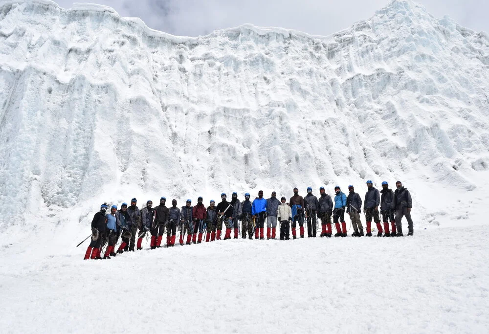 Trainee of NIMAS Mountaineering Course in front of mighty Meerathang Glacier.